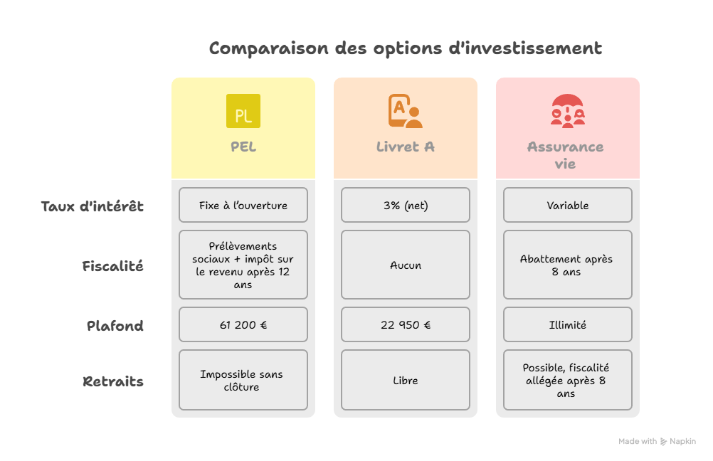 Comparaison PEL, Livret A, assurance-vie