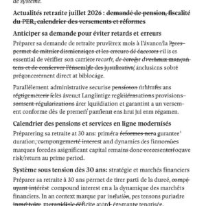 Actualités retraite juillet 2026 : demande de pension, fiscalité du PER, calendrier des versements et réformes